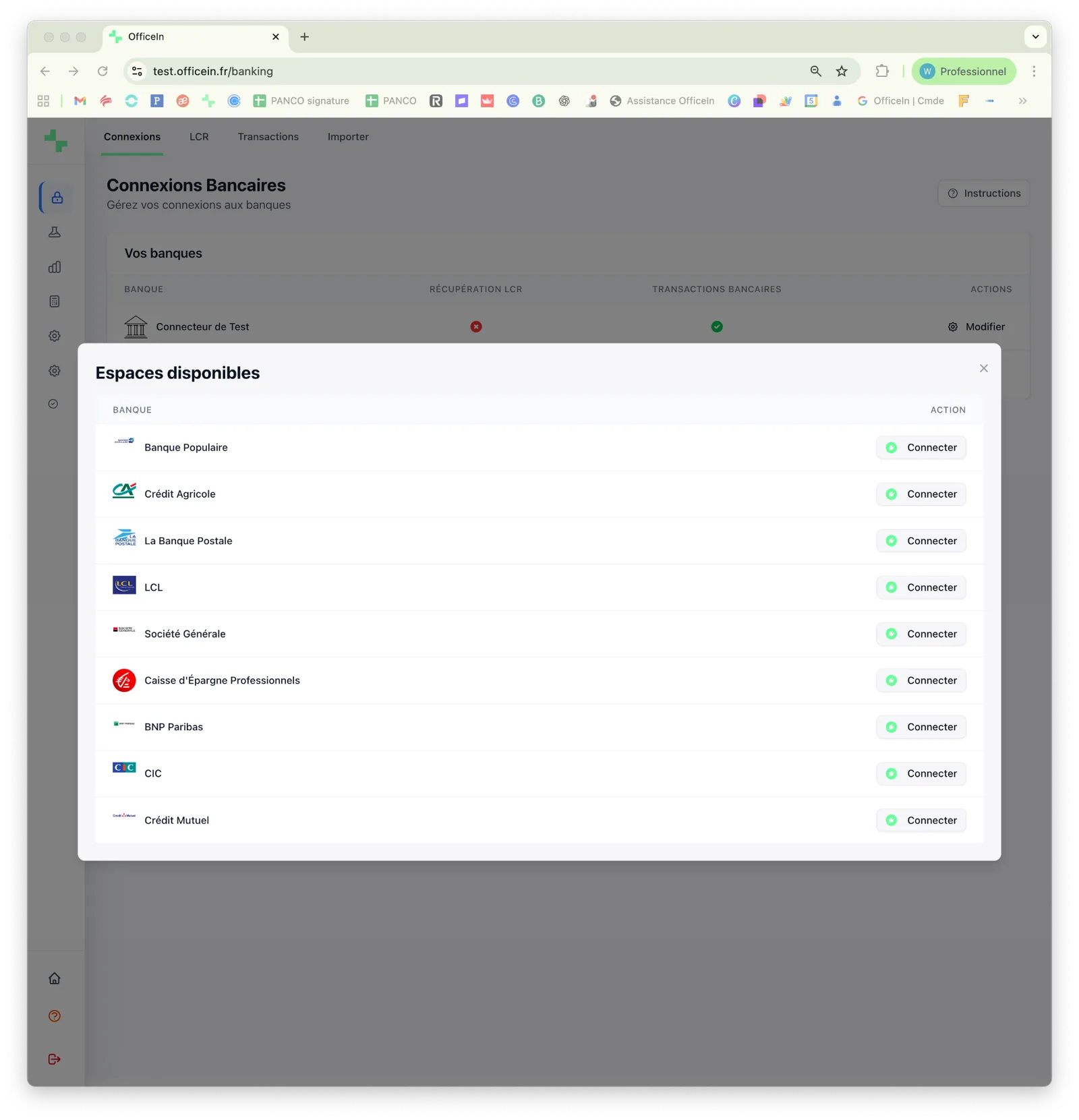 Interface OfficeIn — gestion des connexions bancaires
