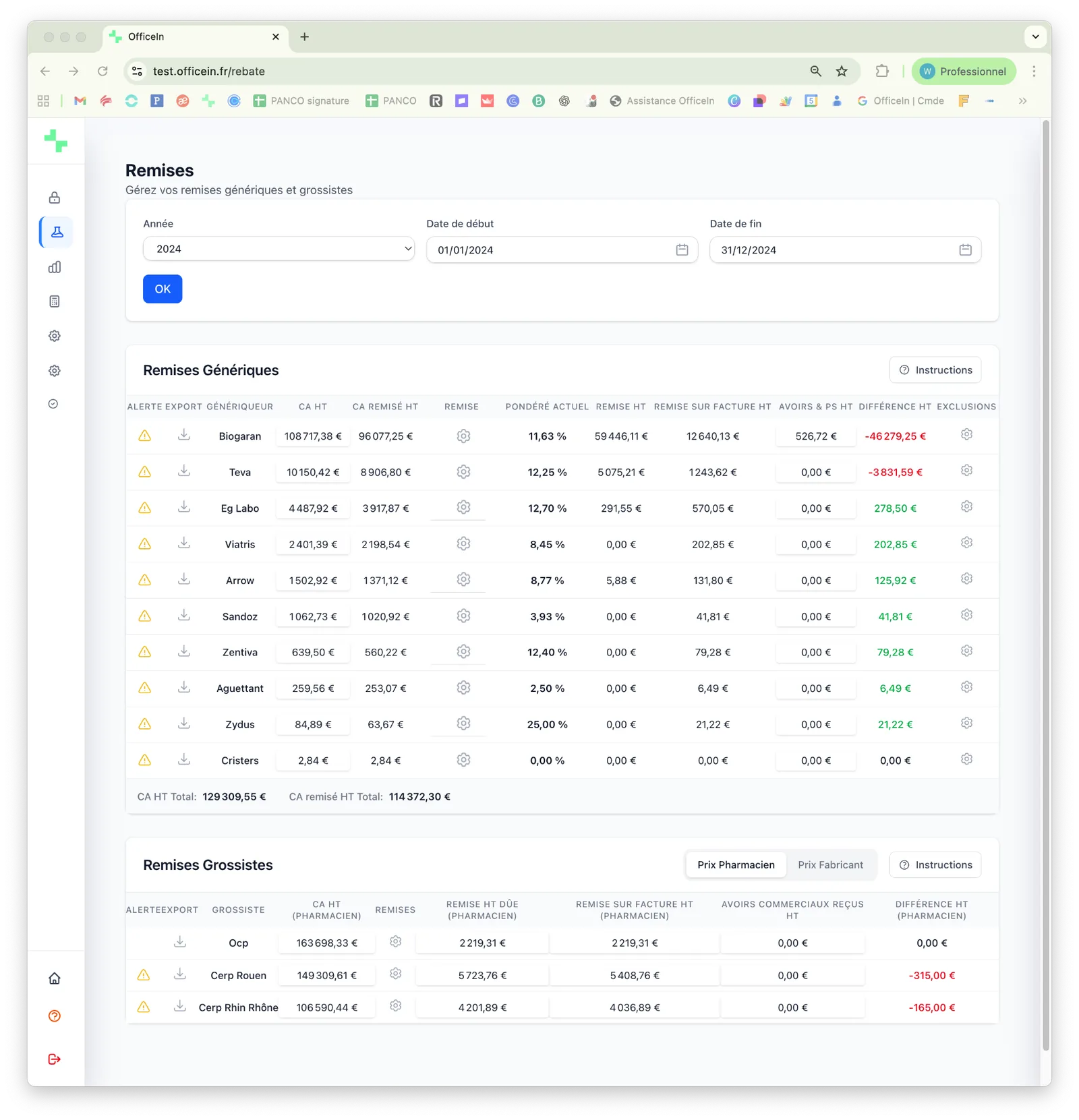 Interface OfficeIn — suivi des remises génériques et grossistes